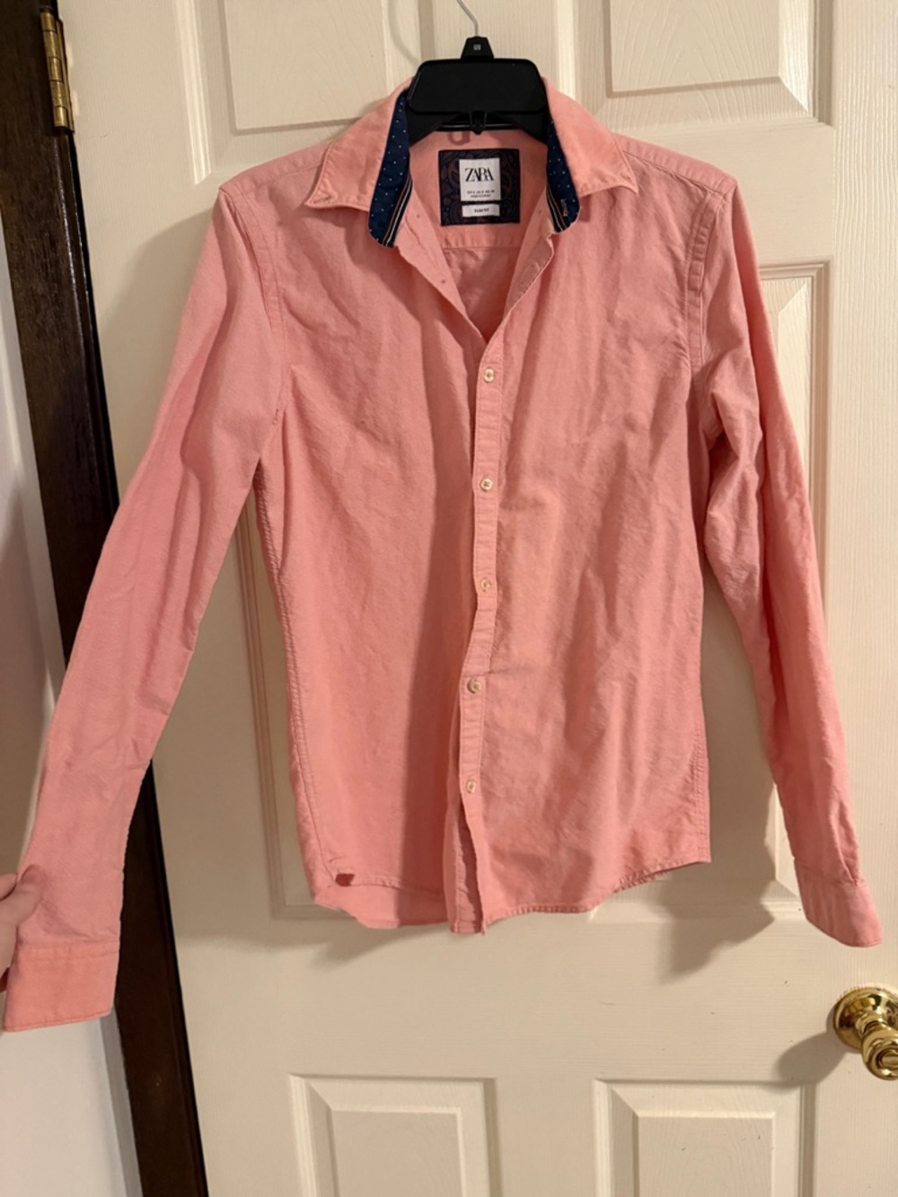 Zara Pink Button-Up Shirt with Navy Polka Dot Inner Collar - Picture 2 of 4